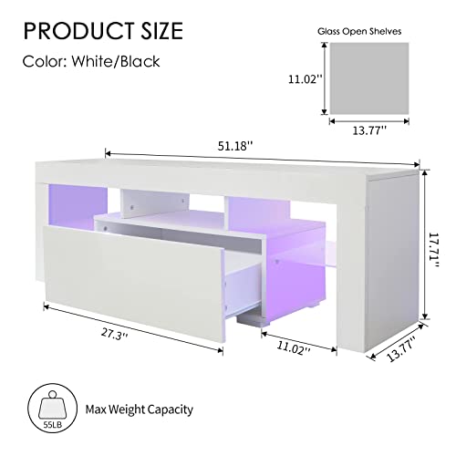 WERSMT LED TV Stand with Storage, Entertainment Center with Drawer for 65 Inch TV, Modern High Gloss TV Console Cabinet with 2 Glass Open Shelves, White