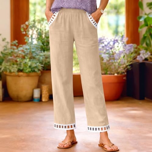 Image of Linen Pants Women Petite Straight Leg Pants Summer Beach High Waisted Pant Vacation Wide Leg Trousers with Pockets