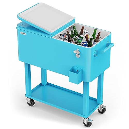 VINGLI 80 Quart Rolling Ice Chest, Portable Patio Party Bar Drink Cooler Cart, with Shelf, Beverage...