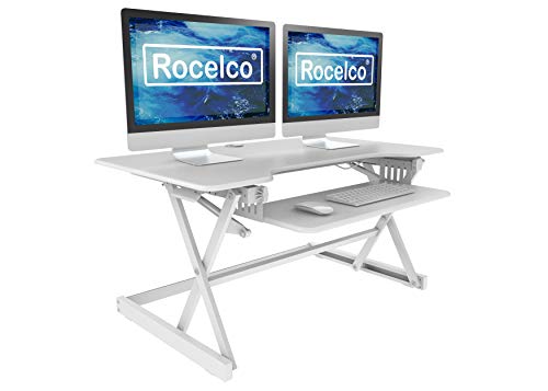 Rocelco 40" Large Height Adjustable Standing Desk Converter - Quick Sit Stand Up Dual Monitor Riser - Gas Spring Assist Computer Workstation - Retractable Keyboard Tray - White (R DADRW-40) -  Rocelco, Inc.