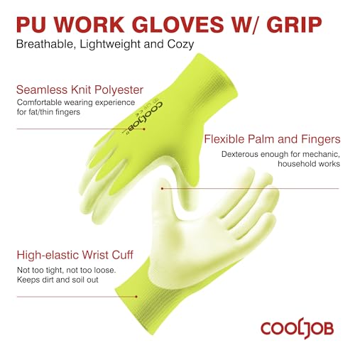 Image of COOLJOB 60 Pairs Safety Work Gloves Pack Bulk with Grip PU Coating | Breathable Lightweight Gloves with Polyurethane Dipped for Men Women, 13 Gauge Seamless Knit Thin Gloves, Yellow Small