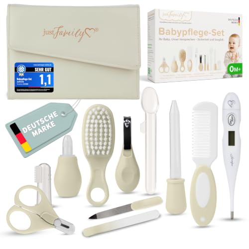 TPFFamily Baby Pflegeset Neugeborene (Creme) – 11-teiliges Newborn Baby Set mit hochwertiger Baby Nagelschere, Fieberthermometer, Bürste und mehr – Ideal als Erstausstattung für Neugeborene
