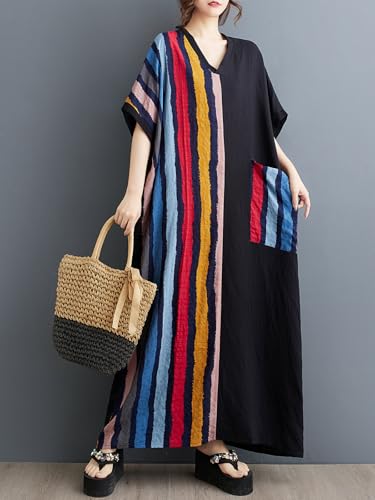 Image of Women Plus Size Dress Black and Color Stripes Patchwork Summer Casual V Neck Short Sleeves Long Dresses with Pockets