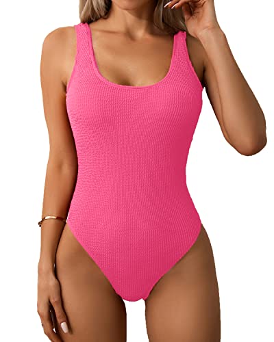 Image of Limeeke Women One Piece Swimsuit Solid Ribbed Monokini Swimwear Scoop Neck Low Back Bathing Suit
