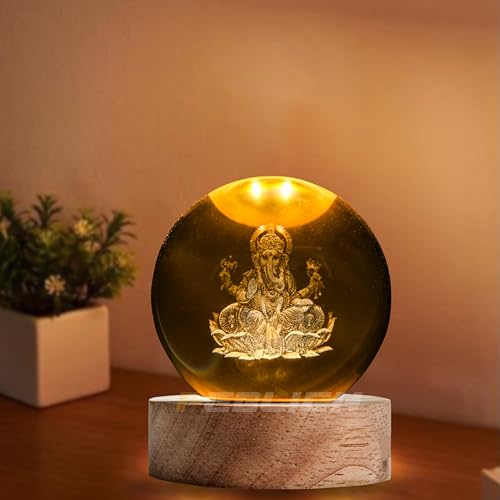 Image of 3D Ganesh Crystal Ball Night Lamp, Solar System Ganesha Crystal Ball Night Light, USB Table Colorful Led Wooden Crystel Ball for Home, Office, Birthday Gift (Ganesh)