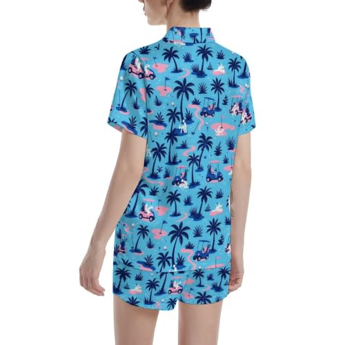 Image of Funny Pajamas for Women Set Print Satin Loungewear Pjs Short Sleeve Button Down Top and Shorts Sets Sleepwear XS-3XL