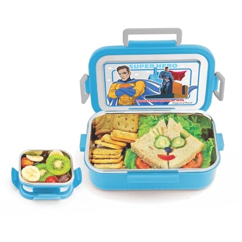 Image of SignoraWare Buster Stainless Steel Lunch Box | Airtight & Leakproof | Durable & Odorless | Ideal for Office, School & Travel Use | Easy to Clean & Carry (850ml + 130ml | Blue)