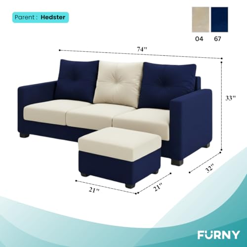 Image of FURNY Heritage 3 Seater Fabric Sofa Set with 1 Ottoman (Dark Blue-Cream) with Velvet Finish | Durable Comfort | Ideal for Living Room. | Breathable material