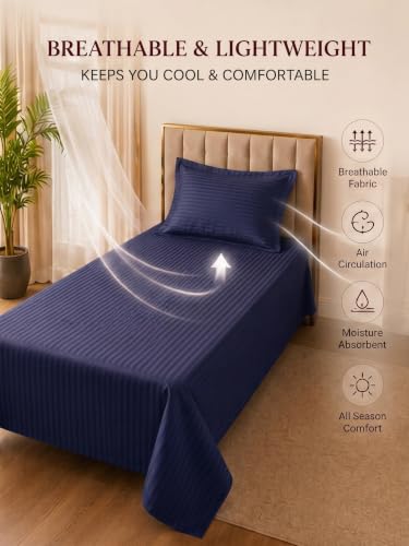 Image of Mafatlal 210 TC Italian Stripe Single Bedsheet Set with Pillow Cover (60 x 90 Inches) | 100% Cotton | Hotel Collection | Soft Breathable Flat Bed Sheet | Navy N White