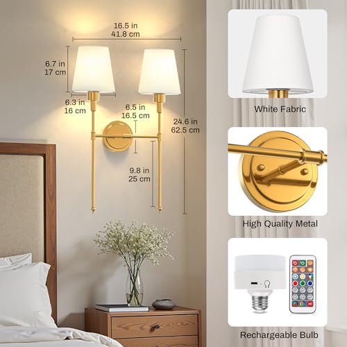 Image of DORESshop 2-Lights Battery Operated Wall Sconce, Gold Wireless Wall Light