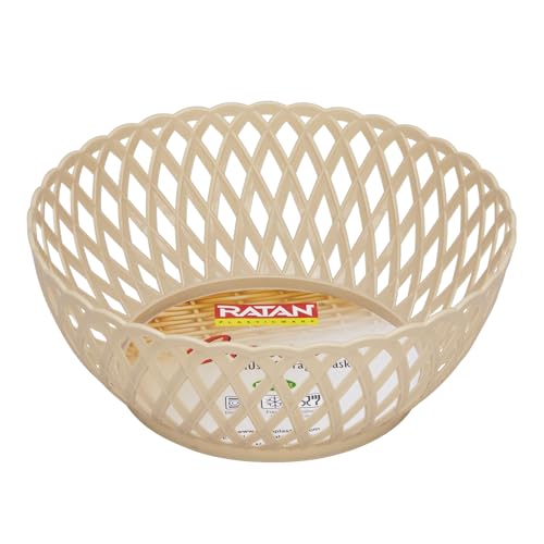Image of RATAN PLASTICWARE Cane Large Plastic Storage Basket for Fruits, Vegetables & Snacks - Decorative Woven Design for Kitchen, Dining Table & Home Use I Pack of 3 - Beige