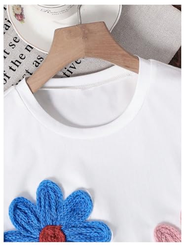 SHENHE Girl's Summer Crochet Flower Patched Top Crew Neck Short Sleeve Cute Tee Shirt3