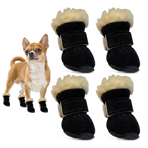 AIEDECOPT 4 Stück Hundeschuhe Pfotenschutz, Hundeschuhe Winter Anti Rutsch, Schneestiefel Hunde, Plüsch Hundestiefel für Kleine und Mittlere Hunden Outdoor-Aktivitäten (Schwarz, S)