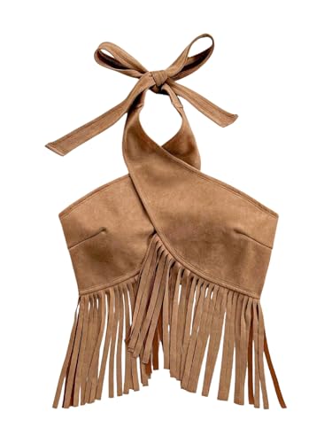 OYOANGLE Women's Fringe Criss Cross Sleeveless Halter Top Backless Music Festival Vacation Crop Tops