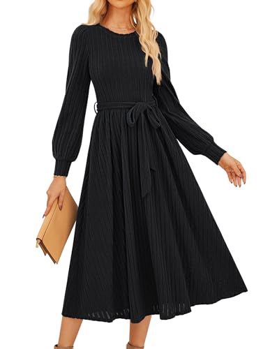 GRACE KARIN Damen Freizeitkleid Dickes Kleid Rundhals Cocktailkleid Laternärme lA-Linie Midikleid mit Bindegürtel Schwarz XL