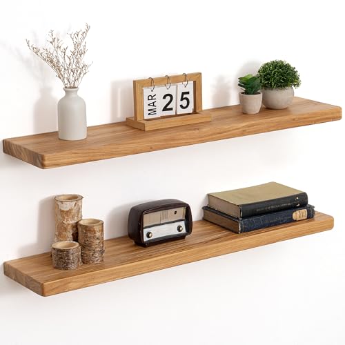 Image of Floating Shelves for Wall, 36 inchWx8 inchD Rustic Solid Elm Wood Floating Shelves Wall Mounted, Round Edge Wall Shelves with Invisible Bracket for Living Room Bathroom Bedroom Kitchen, Set of 2, Natural