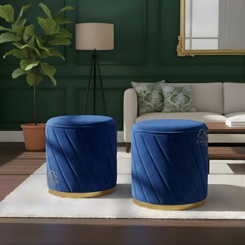 Image of Premium Velvet Ottoman Stool | Modern Round Pouffe with Gold Base | Multipurpose Seating | Living Room & Bedroom Decor (Blue Set of 2)