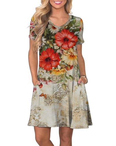 Image of COSSEN Women's Casual T Shirt Dress V-Neck Short Sleeves Swing Dresses Birthday Party Summer Travel Beach with Pocket