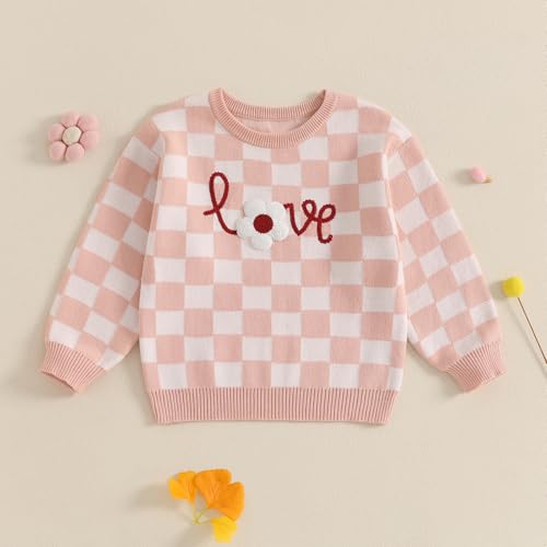 Kids Girl Checkered Sweater Letter Flower Embroidery Crew Neck Long Sleeve Pullover Knit Tops Winter Fall Clothes2