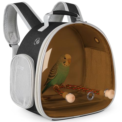 Image of Bird Travel Backpack Carrier with Metal Tray and Standing Perch, Polarized Tint Brown Space Capsule Astronaut Bubble Hard Window