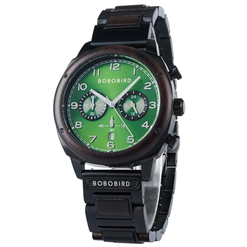 Montre en bois pour homme chronographe japonais vert et lumineux
