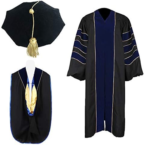 Newrara Unisex Deluxe Doctoral Graduation Gown, Doctoral Hood and Doctoral Tam 8 Sided Package (Royal Blue Gold,8 Side, 54) Cover