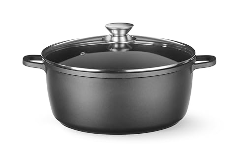 HENDI Cacerola con tapa, apta para todo tipo de fuentes de calor, base de inducción, resistente al horno, antiadherente, sartén, 9L, 405x332x(H)138mm, aluminio fundido vidrio, negro