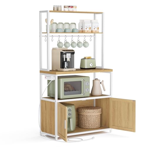 Image of VASAGLE Kitchen Bakers Rack with Power Outlet, Coffee Bar with 35.4-Inch High Worktop, Microwave Stand with 8 Hooks, 15.7 x 31.5 x 66.9 Inches, Golden Oak and Cloud White UKKS059Y01