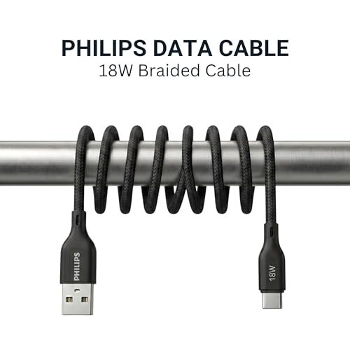 Image of PHILIPS DLC4130AB /94 18W Type-A to Type-C Fast Charging Cable (1m, Dark Slate) | Nylon Braided | Compatible with iPhone 15+ Series, USB-C iPad Models, Samsung Galaxy & All Type C Devices
