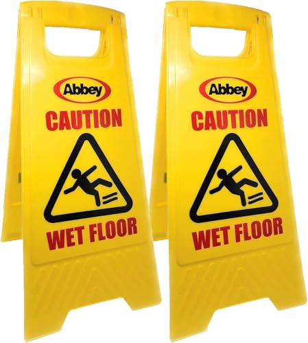 Abbey Pack of 2 Warning Caution Wet Floor Sign Yellow 640mm Height Cleaning in Progress Floor Sign Printed on the Other Side Mini Wet Floor Sign Ideal for Commercial Business use