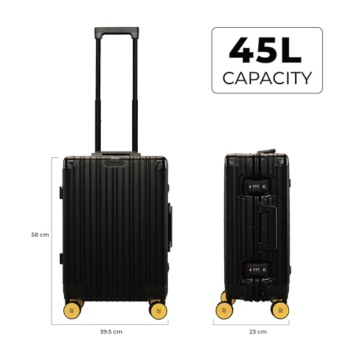 Image of EUME 100% Aluminium Cabin Trolley Bag Small for Travelling 50cm | Durable High-End 8 Silentrun 360 Degree Spinner Wheels | Premium Trolley Bag Small for Travel (Black with Yellow Wheels)