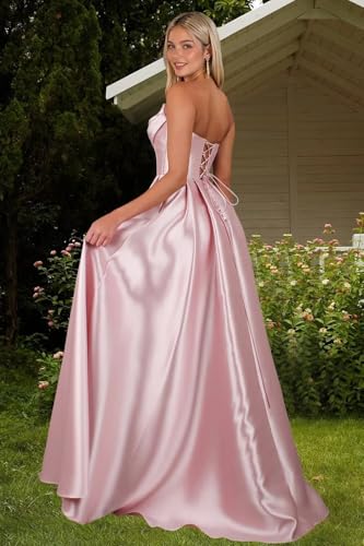 Women's Satin Prom Dresses with Slit Strapless Cowl Neck Corset Formal Dresses A Line Ball Gowns with Pockets XOD04562