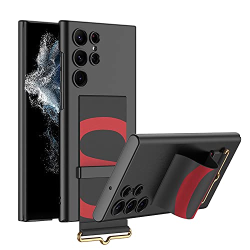 Coque pour Samsung Galaxy S22 Ultra avec Support de Bracelet en Cuir, Dragonne de Luxe Ultra Fine Béquille PC Housse de Protection Complète Anti-Rayures Antichoc Légère pour Galaxy S22 Ultra(Noir) Cover