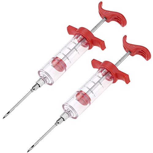 YOUDO Inyector de carne de 2 onzas, jeringa inyectora de carne de acero inoxidable con 3 agujas de inyector de adobo para barbacoa y ahumador, 3 cepillos de limpieza gratis, Inyector PP 2 Pack
