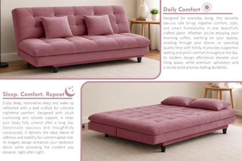 Image of Velvet 3-Seater Futon Sofa Bed with Tufted Sleeper Couch with Adjustable Backrest- Living Room Furniture-Rose-Pink-Color