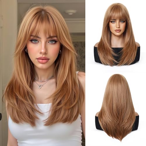 Esmee Long Straight Strawberry Blonde Wigs for Women with Fringe Natural Synthetic Hair Wig for Daily & Party Use