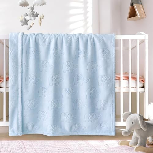 Image of BORITAR Fleece Baby Blanket with 3D Elephant Design for Boys Girls, Ultra Soft Cozy Receiving Blanket for Newborn Infant Toddler, Fluffy Blanket for Crib, Stroller (30x40 Inches, Light Blue)