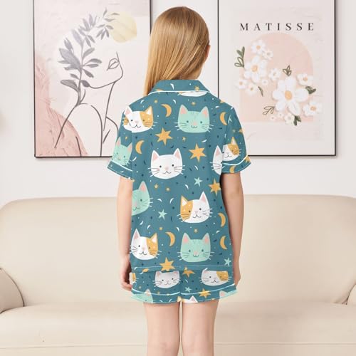 ALAZA Cute Cat Star Moon Pajamas Satin Pajama Set Short Sleeve Button Down Sleepwear4