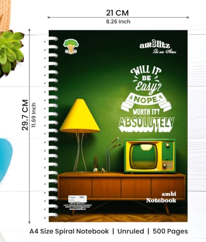 Image of amblitz Spiral Notebook | UnRuled | 500 Pages | A4 Size - 21 X 29.7 CM | 70 GSM Thick Paper | Notebook for Student