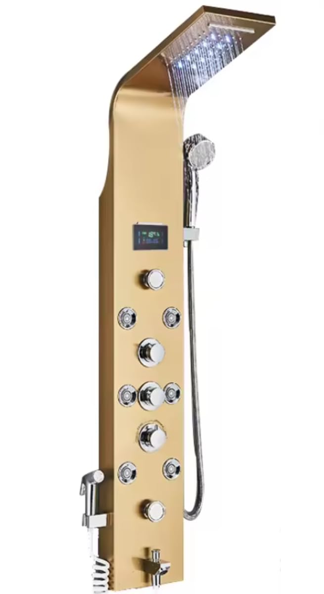 Shower Panel Tower System - Shower Tower with 8 Spa Jets, LED Rainfall & Waterfall Shower Head, Bidet Options, Modern Wall-Mount Full Body Shower System - Luxury Bathroom - Gold (with Bidet)