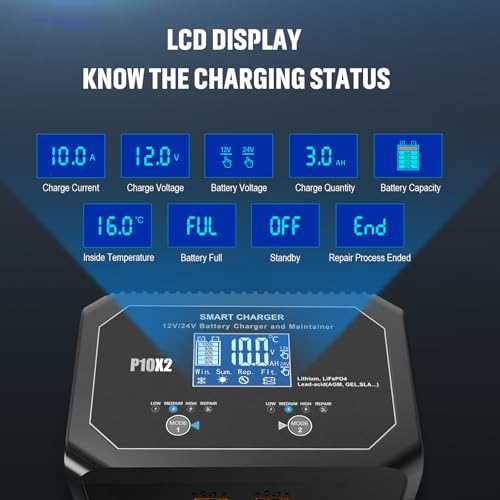Yhchkj YHP10-DUALX2 20-Amp (10 Amp 2 Bank) Dual Smart Marine Charger,Fully-Automatic Car Battery Charger,12V And 24V Lithium Lifepo4 Trickle Charger,Desulfator thumb #2
