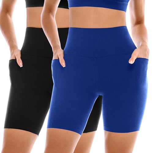 Ipletix 2 Pack Womens Biker Shorts with Pockets 6 High Waisted Tummy Control Yoga Shorts for Women Running Gym Black/Royal Blue LXL