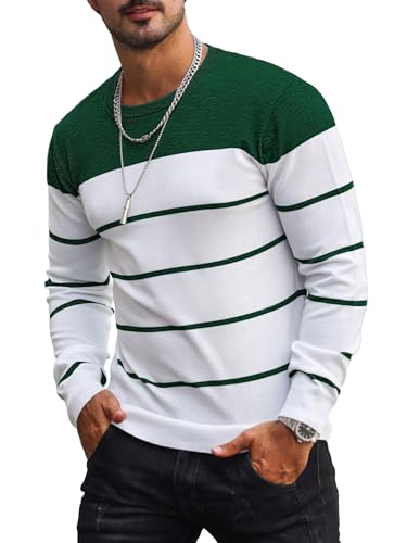 Men's Color Block Striped Sweater Long Sleeve Crewneck Pullovers Casual Slim Fit Fall Knit Tops