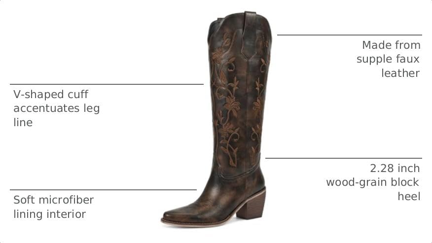 Image of wetkiss Cowboy Boots Womens Knee High Cowgirl Boots Embroidered Pointed Toe | Cowgirl Boots, Retro Embroidery, Block Heel, Stable and Comfortable, Pull-On, Style for a Classic Vintage Western Look