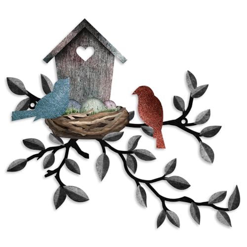 Birds Wall Metal Decor Outdoor Art Hanging Metal Tree with Birdhouse for Living Room Tree Leaf Wall Decor for Indoor Outside Garden, 10.6 x 12 Inches