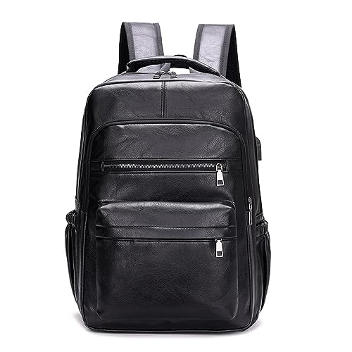 Laptop Backpack PU Leather Men, College Book Bag with USB Charging Port, Casual Bag, Large Capacity Computer Bag, Vintage Daypack Rucksack for Work Travel School Outdoor, Fits 15.6 Inch Laptop