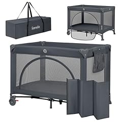 LIONELO LAURA Lettino da viaggio 2in1 fino a 15 kg Box per bambini da 0 a 36 mesi Entrata laterale Materassino in schiuma, 2 Livelli di Altezza, Borsa da Viaggio, Ruote con Freno (LAURA, Grigio Scuro)