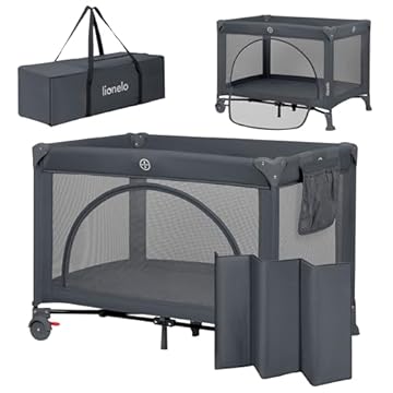 LIONELO LAURA Lettino da viaggio 2in1 fino a 15 kg Box per bambini da 0 a 36 mesi Entrata laterale Materassino in schiuma, 2 Livelli di Altezza, Borsa da Viaggio, Ruote con Freno (LAURA, Grigio Scuro)