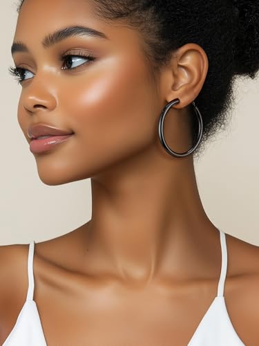 Image of Stainless Steel Chunky Hoop Earrings For Women, Minimalist and Chic, Black /Gold Plated, Round Hoops Earrings Hypoallergenic, Size: 30mm /40mm /60mm /80mm, Come with Box