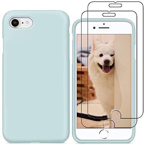 YiKaDa - Funda para iPhone SE 2020 / iPhone 8 / 7 + [2 Unidades] Cristal Templado Protector de Pantalla, Cáscara Suave de Silicona TPU Líquida Funda Forro de Microfibra Suave Cojín - Verde Claro